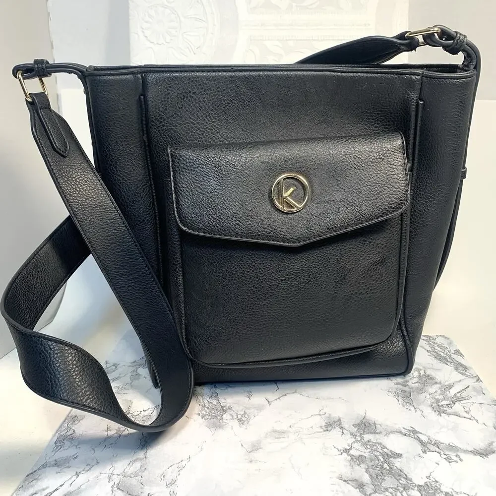 Kensie Front Pocket Shoulder Bag Adjustable Strap Black Brass Hardware Crossbody